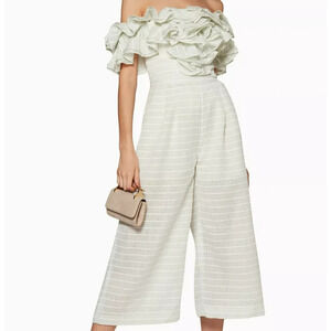 Acler Ruffled Off Shoulder Jumpsuit Size 2 Mint Green Pockets Cropped Wide Leg